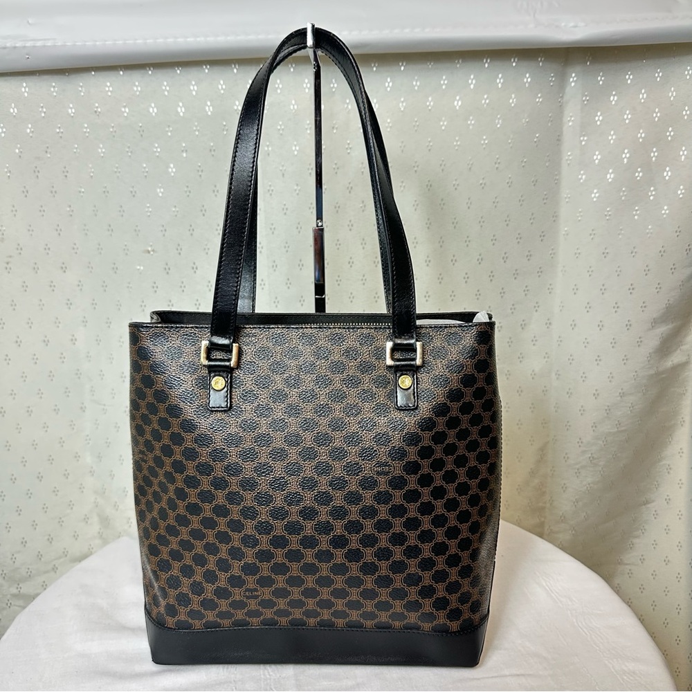 Celine Macadam Black and Brown Patterned PVC Tote with leather double handle